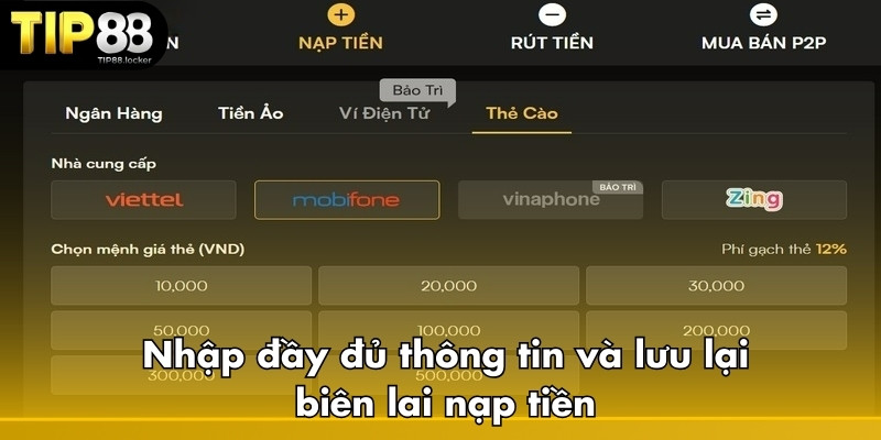 Nhập đầy đủ thông tin và lưu lại biên lai nạp tiền